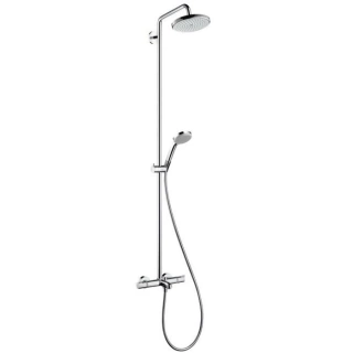 HG Croma Душевая система Showerpipe: верхний душ 220 1jet, ручной душ, термостат для ванны, штанга для душа, держатель, излив 186мм, цвет: хром (27223000)