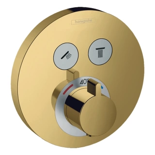 HANSGROHE SHOWERSELECT S Смеситель встраиваемый, термостатический, с 2 запорными кнопками, внешняя часть, цвет полированное золото (15743990)