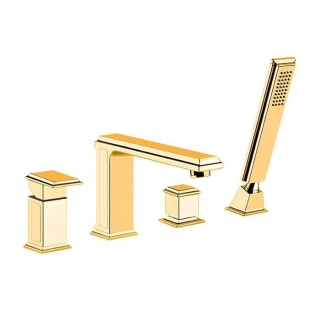 Gessi Eleganza Смеситель для ванны на 4 отверстия, с переключателем, изливом и ручным душем, цвет: золото (46037#080)