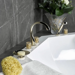 THG HIRONDELLES GOLD STAMPED Смеситель на борт ванны на 5 отверстий, двойной, с ручным душем, цвет Soft gold (A4L-F30-1132SG)