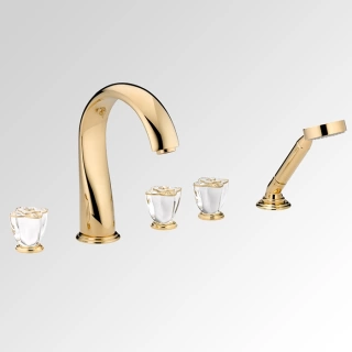 THG PETALE DE CRISTAL CLAIR LISERE DORE Смеситель на борт ванны, на 5 отверстий, двойной, с ручным душем, цвет полированное золото (U6E-F01-1132SG)