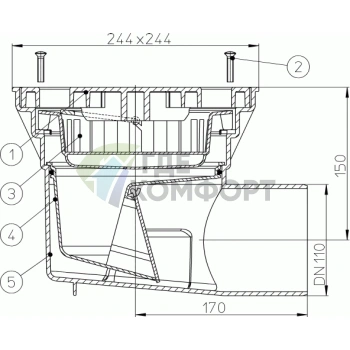Трап HL605L с пластиковой решеткой 244x244 мм-незамерзающим запахозапирающим устройством и горизонтальным выпуском DN110 - фото 3