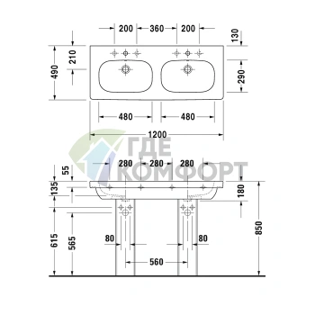 Двойная раковина Duravit D-Code для мебели с переливом, 1200x490 мм, белого цвета (3481200002) - фото 2