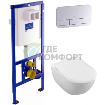 Комплект подвесного унитаза Villeroy-Boch Subway 2.0 Alpin с инсталляцией и кнопкой смыва