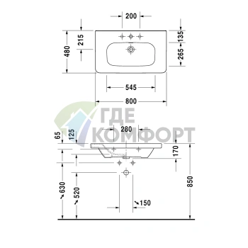 Раковина Duravit DuraStyle для мебели с переливом, 3 отверстия под смеситель, 800x480 мм, белый (2320800030) - фото 2