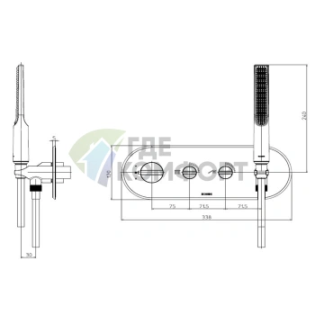 BOSSINI APICE Настенный термостатический смеситель на 2 выхода с ручным душем и шлангом Cromolux 150 см, хром (Z00523.030) - фото 2