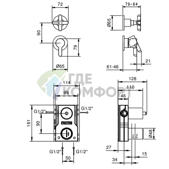 Встраиваемый смеситель для душа Fantini Icona Classic на 2 выхода, хром (53 02 R485B) - фото 2
