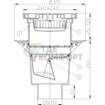 Трап HL616L с пластиковой решеткой 226х226-незамерзающим запахозапирающим устройством-грязеуловителем и вертикальным выпуском DN110/DN60 - фото 3