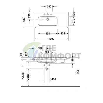 Раковина Duravit DuraStyle асимметричная без перелива с отверстием под смеситель (2325100041) - фото 2