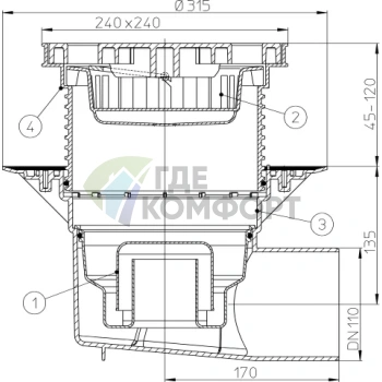 Трап HL615LW с решеткой в подрамнике 226x226 мм-грязеуловителем и горизонтальным выпуском DN110 - фото 3