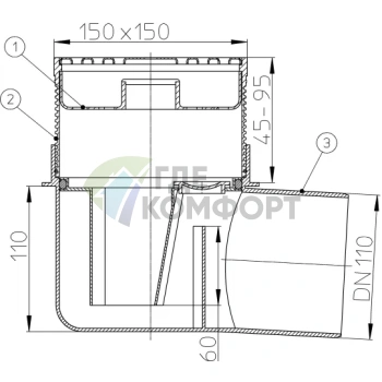 Трап HL72N с решеткой 147x147 мм-с сеткой и горизонтальным выпуском DN110 - фото 3