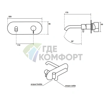 Встраиваемый смеситель Kerasan Nolita для раковины без донного клапана, хром (922890 cr) - фото 2