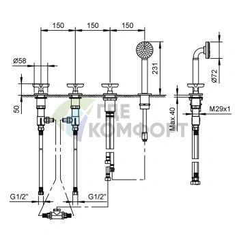 Смеситель для ванны Fantini Icona Classic с ручным душем, хром (53 02 R067) - фото 2