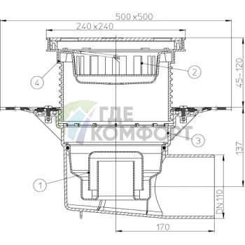 Трап HL615HSW с решеткой в подрамнике 226x226 мм-грязеуловителем-гидроизоляционным полотном и горизонтальным выпуском DN110 - фото 3