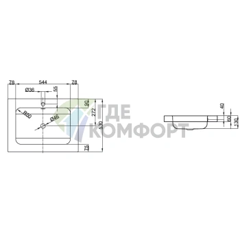 Раковина BETTEOne встраиваемая на столешницу 70x53x6-13 см с 1 отв под смеситель с переливом цвет белый - фото 2