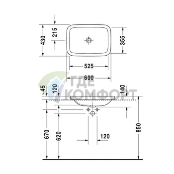 Раковина Duravit DuraStyle 430x430 мм: встраиваемая сверху без перелива, белая (372600000) - фото 2