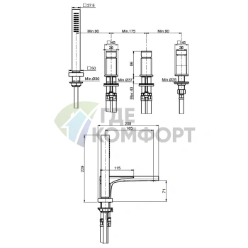 Смеситель для ванны FIMA Carlo Frattini Zeta с изливом, ручным душем и телескопическим шлангом (F3974CR) - фото 2