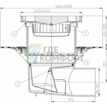 Трап HL615H с решеткой в подрамнике 226x226 мм-гидроизоляционным полотном и горизонтальным выпуском DN110 - фото 3