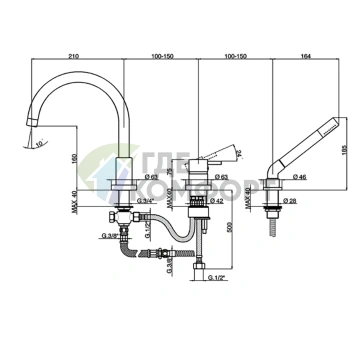 Смеситель для ванны CISAL Less New с ручным душем, матовый черный (LN00126040) - фото 2