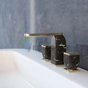 Смеситель для раковины CISAL HI-RISE двухвентильный на 3 отверстия с донным клапаном Click-Clack в отделке мрамор NeroMarquinia/Oro24K (RM0010608B) - фото 1