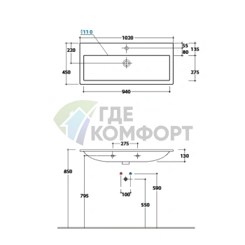 Раковина GLOBO Stockholm подвесная 102x45 см белая - фото 2