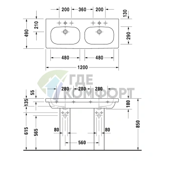 Раковина Duravit D-Code двойная встраиваемая 1200x490 мм, белая (3481200602) - фото 2