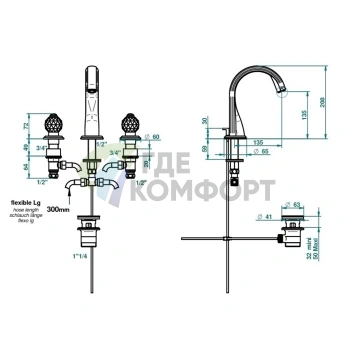 Смеситель для раковины THG MANDARINE CRISTALLIA DIAMANT на 3 отверстия с донным клапаном в полированном золоте (U1K-F01-151) - фото 2