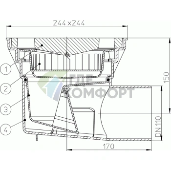 Трап HL605 с решеткой 244x244 мм-незамерзающим запахозапирающим устройством и горизонтальным выпуском DN110 - фото 3