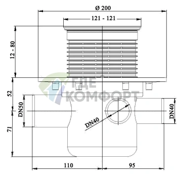 Трап HL304-3000 с решеткой 115x115 мм-с обратным клапаном-с тремя дополнительными входами DN40 и горизонтальным выходом DN50 - фото 3