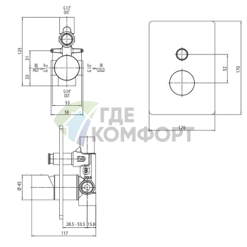 Смеситель для душа Bossini Liberty встраиваемый с девиатором на 2 направления, цвет античная бронза (Z00066.022) - фото 2