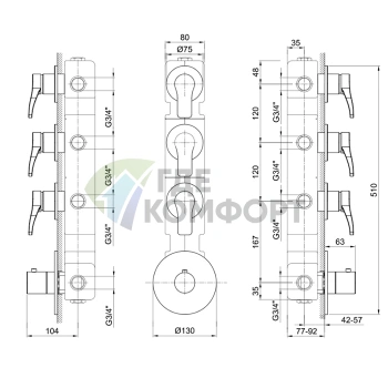 Термостатический смеситель для душа Fantini на 3 выхода с подключением 3/4 (19 00 3903A) - фото 2