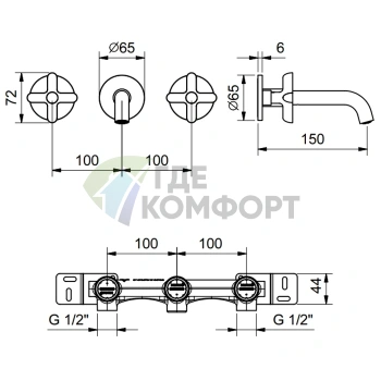 Смеситель для раковины Fantini Icona Classic встраиваемый трехдырковый без донного клапана (хром) (53 02 R010B) - фото 2