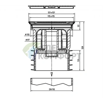 Ремонтный трап HL73Pr с решеткой 115x115 мм и вертикальным выпуском DN110 - фото 3