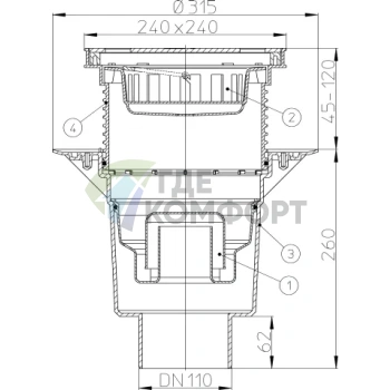 Трап HL616SW с решеткой в подрамнике 226x226 мм-грязеуловителем и вертикальным выпуском DN110 - фото 3