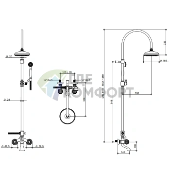 Смеситель для ванны Bongio Rivoli с душевой стойкой и душем тропический, хром/Royal Blue 08 (05536CR08D) - фото 2
