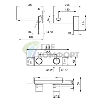 Смеситель для раковины Fantini Mint: встраиваемая модель на 2 отверстия без донного клапана, матовый черный (34 13 F813B) - фото 2