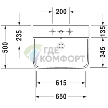 Раковина Duravit P3 Comforts с перел с 1 отв под смеситель вкл заглушку для перелива хром 650x500мм Цвет Белый - фото 2