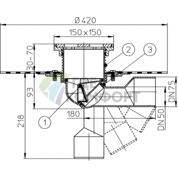 Трап HL81GH с решеткой 137x137 мм-гидроизоляционным полотном-незамерзающим затвором и выпуском в виде поворотного шарнира от 0° до 90° - фото 3