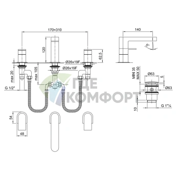 Смеситель для раковины Fantini Mare с нажимным донным клапаном, 3 отверстия, хром (51 02 6304) - фото 2