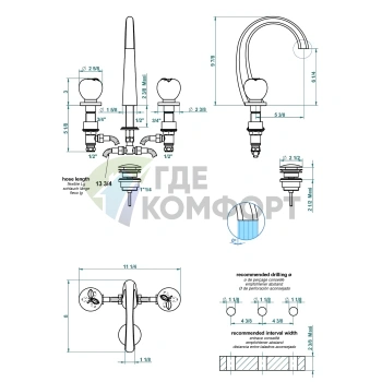 Смеситель для раковины THG Pomme Cristal Clair Satine на 3 отверстия с донным клапаном в сияющем хроме (A42-A02-151) - фото 2