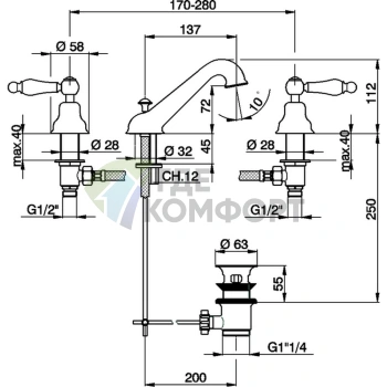 Смеситель для раковины CISAL Arcana Toscana на 3 отверстия с донным клапаном, бронза (TS00102027) - фото 2