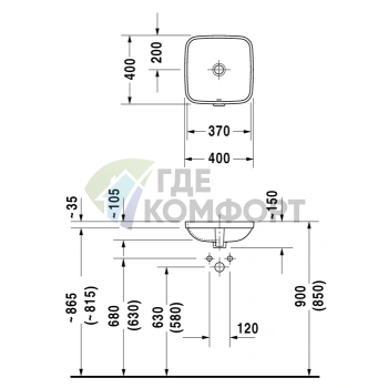 Встраиваемая раковина Duravit DuraStyle 400x400 мм без отверстия, белая (373370022) - фото 2