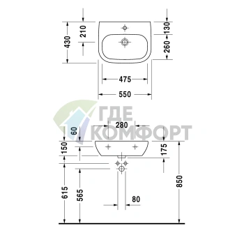 Медицинская раковина Duravit D-Code без перелива и отверстия 550x430 мм белого цвета (23115500702) - фото 2