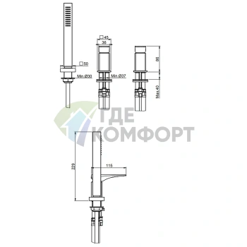 Смеситель для ванны FIMA|Carlo Frattini Zeta двойной на борт, с ручным душем, хром (F3974/1CR) - фото 2