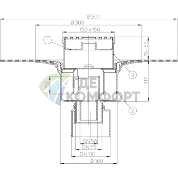 Трап HL317H с решеткой 147x147 мм-с полимербитумным полотном и вертикальным выпуском DN160/110/75/50 - фото 3