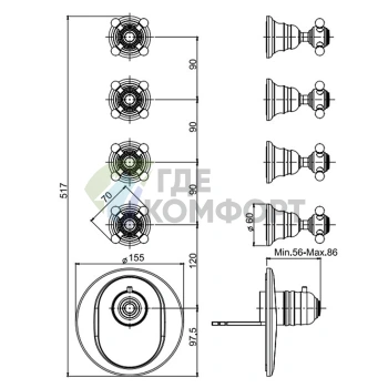 Термостатический смеситель для душа FIMA Carlo Frattini Fimatherm Elizabeth встраиваемый, 4 запорных вентиля, хром (F5113X4CR) - фото 2