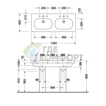 Раковина Duravit D-Code двойная накладная с переливом и 3 отв. под смеситель 1200x490 мм, белый (3481200302) - фото 2