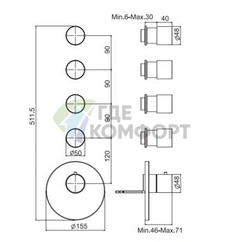 Термостатический встроенный смеситель для душа Carlo Frattini Spillo Steel, 4 вентиля, цвет INOX (F3083X4INOX) - фото 2