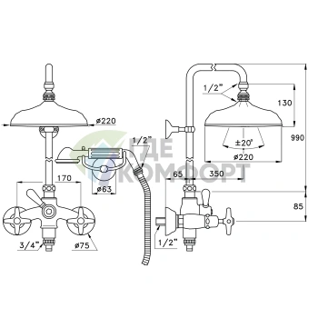 Душевой комплект Stella Italica 3284/33-220: смеситель, штанга с ручным и верхним душем, хром (IT 02512 CR00) - фото 2