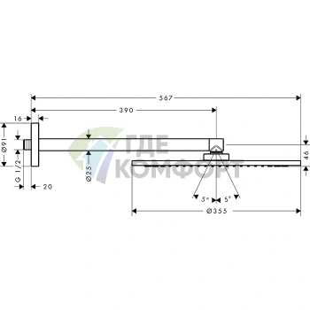 Верхний душ AX настенный, 350 мм, 1 струя, с держателем 390 мм, цвет «Шлифованный черный хром» (26034340) - фото 2